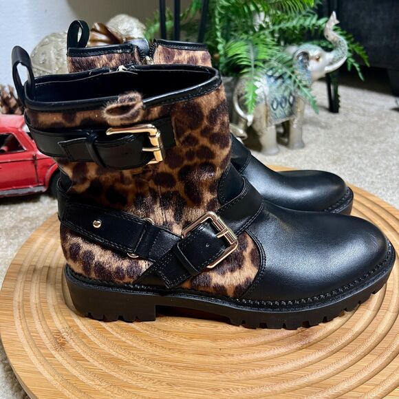 NINE WEST ARRIA 8 WOMEN'S Black BIKER ANKLE BOOTS CHEETAH Print SIZE 6.5 M - Picture 5 of 12